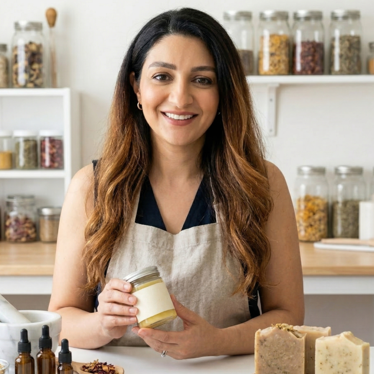 Rolla Farhat, founder of Terra Bath & Body, in the studio with botanical ingredients